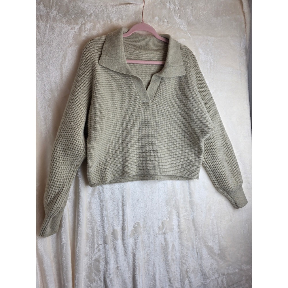 Collared Knit Sweater Pullover Long‎ Sleeve Casual Top Khaki Size S